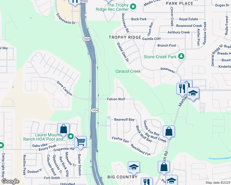 map of restaurants, bars, coffee shops, grocery stores, and more near 1423 Alaskan Wolf in San Antonio
