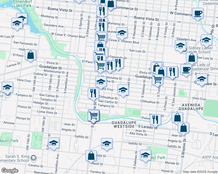 map of restaurants, bars, coffee shops, grocery stores, and more near 2101 Vera Cruz in San Antonio