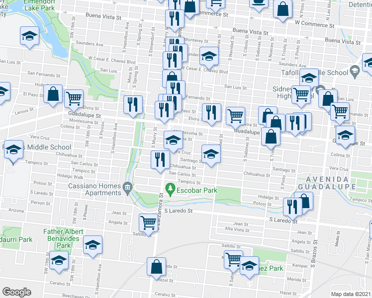 map of restaurants, bars, coffee shops, grocery stores, and more near 1003 South Calaveras Street in San Antonio