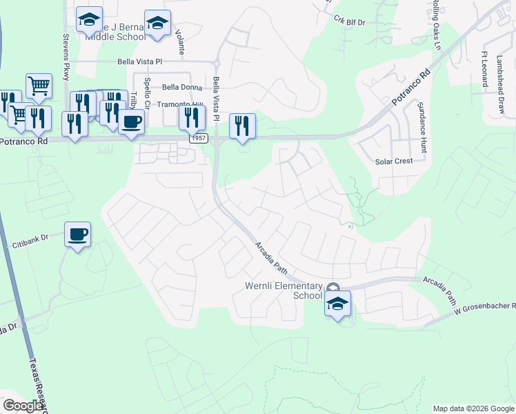 map of restaurants, bars, coffee shops, grocery stores, and more near Cessna in San Antonio