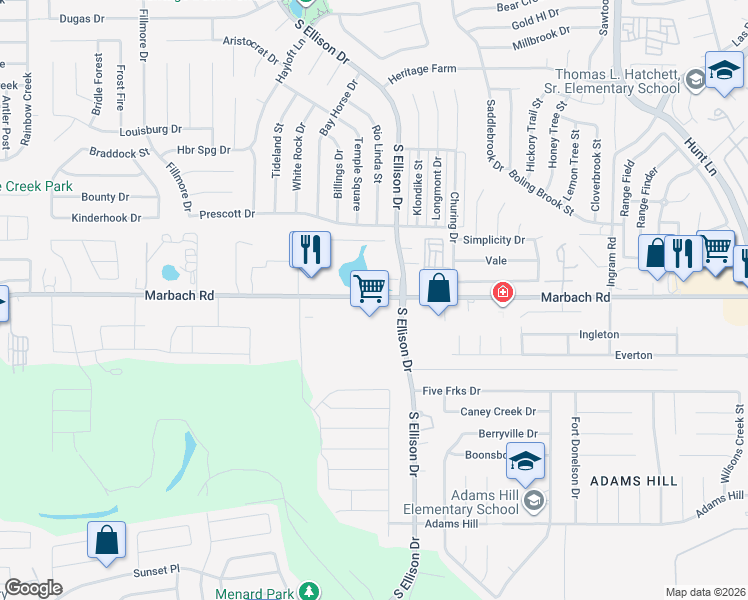 map of restaurants, bars, coffee shops, grocery stores, and more near 9720 Marbach Road in San Antonio