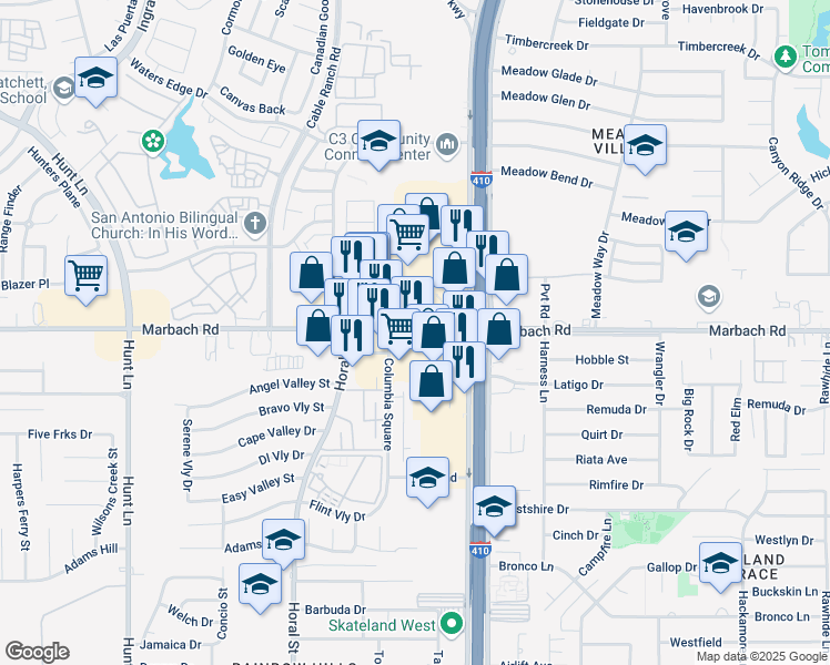 map of restaurants, bars, coffee shops, grocery stores, and more near 8234 Marbach Road in San Antonio
