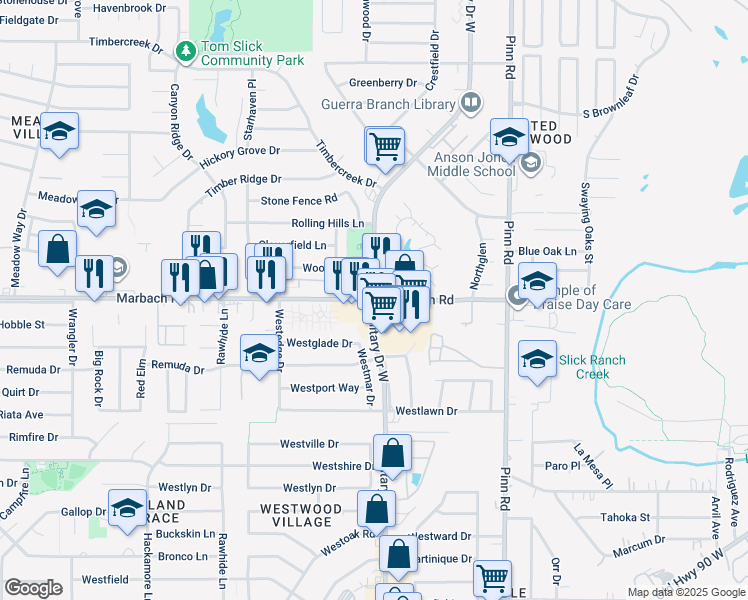 map of restaurants, bars, coffee shops, grocery stores, and more near W Military Dr & Marbach Rd in San Antonio