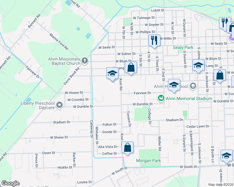 map of restaurants, bars, coffee shops, grocery stores, and more near 700 Kost Road in Alvin