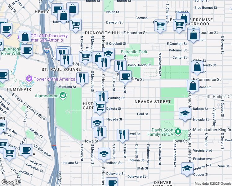 map of restaurants, bars, coffee shops, grocery stores, and more near 215 South Olive Street in San Antonio
