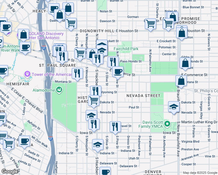 map of restaurants, bars, coffee shops, grocery stores, and more near 215 South Olive Street in San Antonio