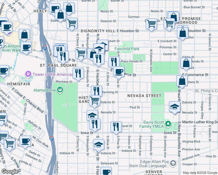 map of restaurants, bars, coffee shops, grocery stores, and more near 215 South Olive Street in San Antonio