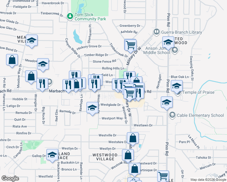map of restaurants, bars, coffee shops, grocery stores, and more near 7103 Marbach Road in San Antonio