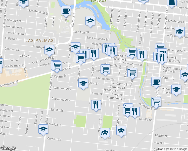 map of restaurants, bars, coffee shops, grocery stores, and more near 2939 Chihuahua Street in San Antonio