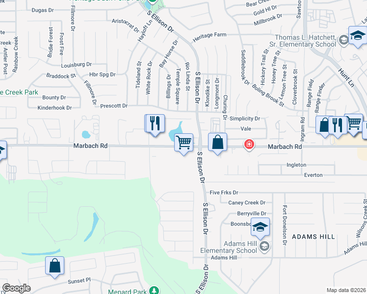 map of restaurants, bars, coffee shops, grocery stores, and more near 9726 Marbach Road in San Antonio