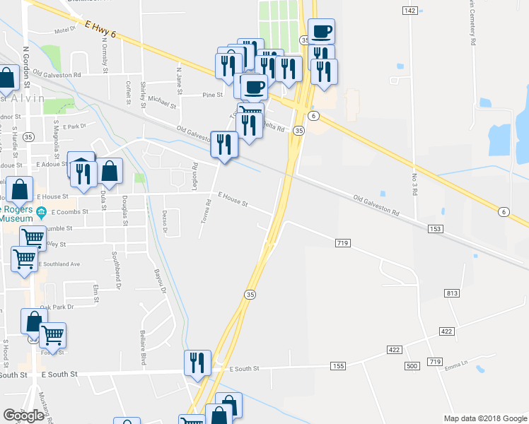 map of restaurants, bars, coffee shops, grocery stores, and more near 1112 East House Street in Alvin