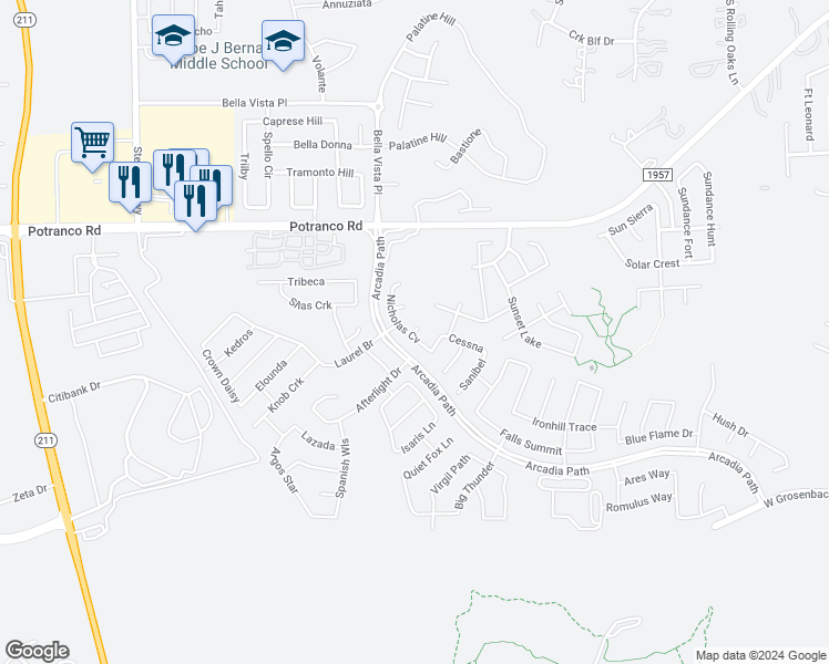 map of restaurants, bars, coffee shops, grocery stores, and more near Aria Cove in San Antonio
