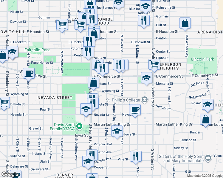map of restaurants, bars, coffee shops, grocery stores, and more near 2115 Wyoming Street in San Antonio