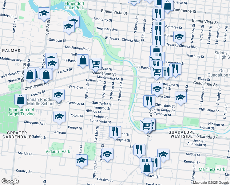 map of restaurants, bars, coffee shops, grocery stores, and more near 2716 Vera Cruz in San Antonio