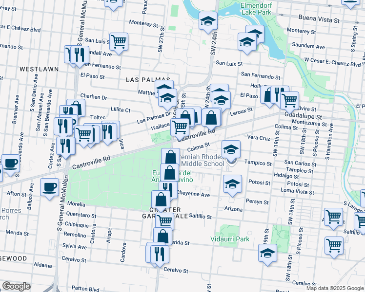 map of restaurants, bars, coffee shops, grocery stores, and more near 448 Castroville Road in San Antonio