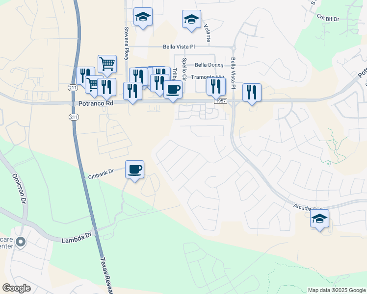 map of restaurants, bars, coffee shops, grocery stores, and more near 14203 Laurel Branch in San Antonio