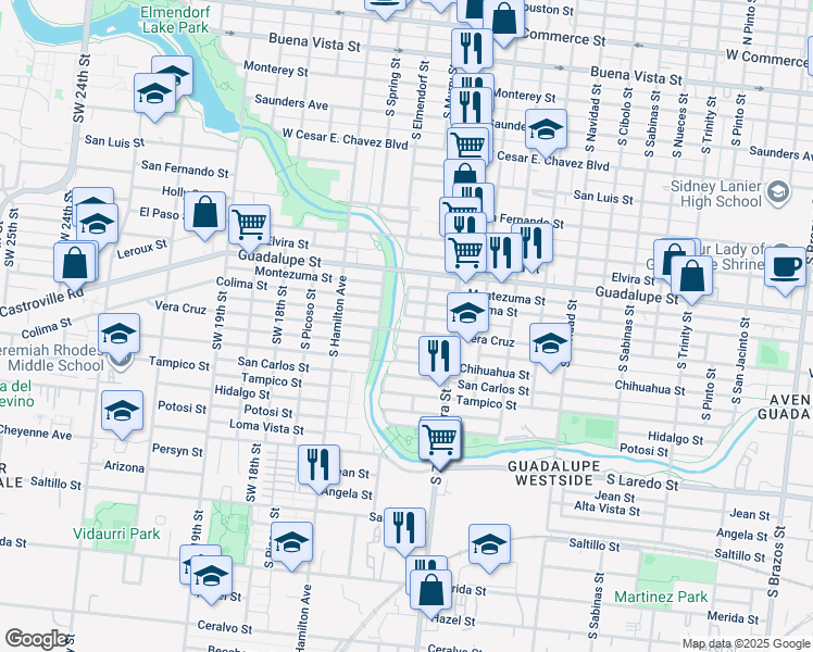 map of restaurants, bars, coffee shops, grocery stores, and more near 2411 Vera Cruz in San Antonio