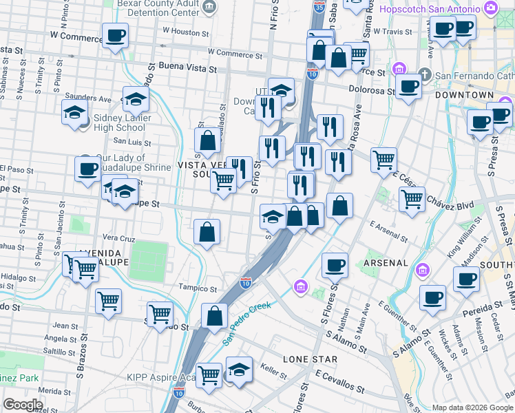 map of restaurants, bars, coffee shops, grocery stores, and more near 793 South Frio Street in San Antonio