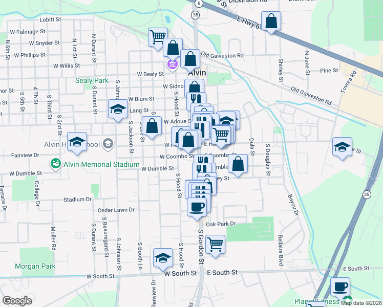 map of restaurants, bars, coffee shops, grocery stores, and more near 714 South Gordon Street in Alvin