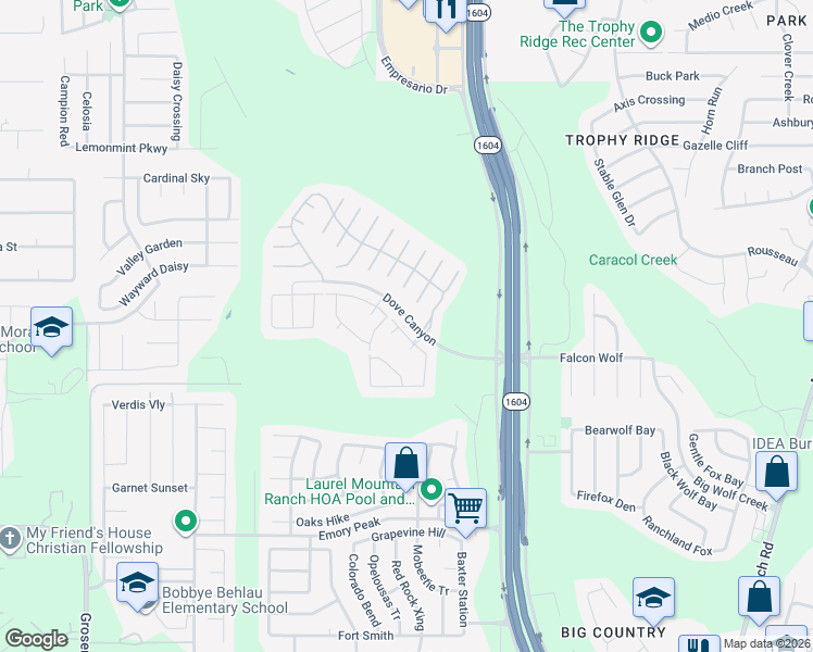 map of restaurants, bars, coffee shops, grocery stores, and more near 1439 Mourning Dove in San Antonio