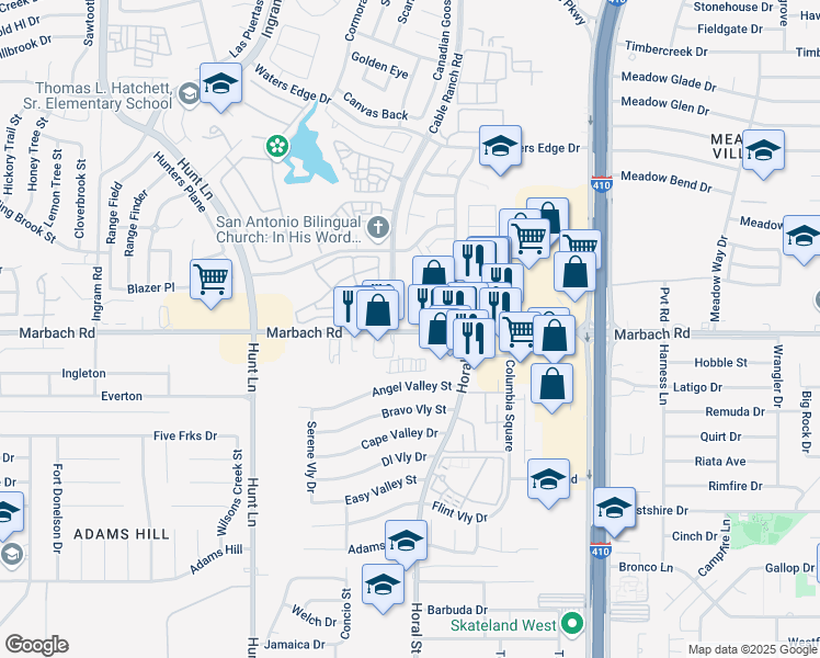 map of restaurants, bars, coffee shops, grocery stores, and more near 8489 Marbach Road in San Antonio