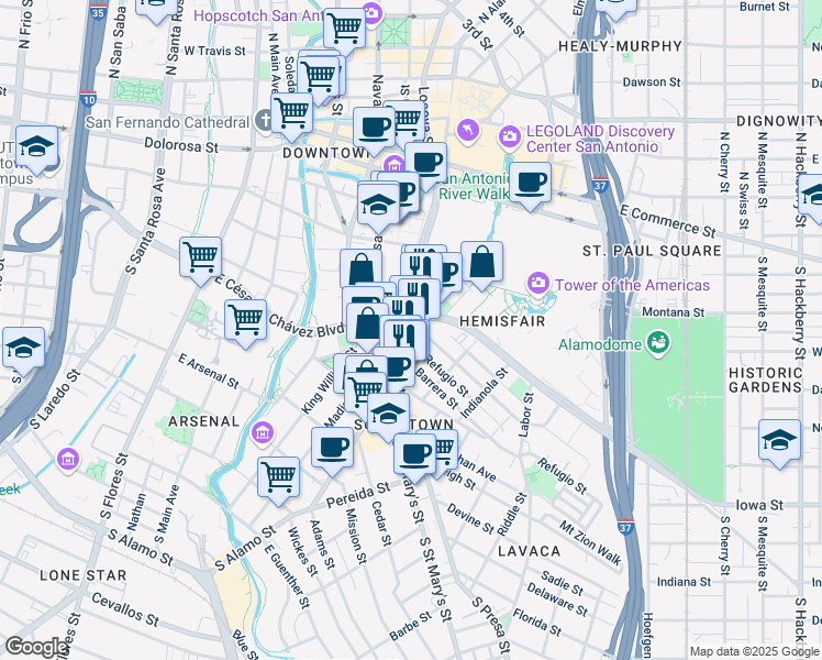 map of restaurants, bars, coffee shops, grocery stores, and more near 328 Martinez Street in San Antonio