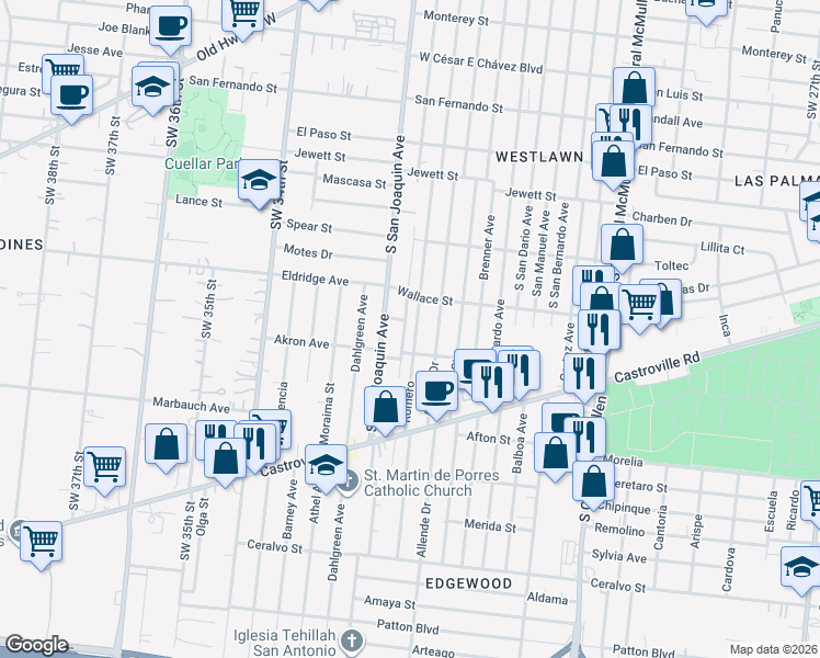 map of restaurants, bars, coffee shops, grocery stores, and more near 1303 Romero in San Antonio