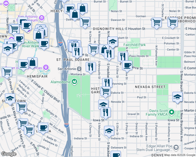 map of restaurants, bars, coffee shops, grocery stores, and more near 315 South Mesquite in San Antonio