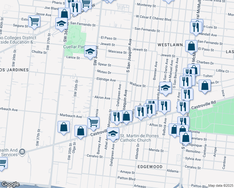 map of restaurants, bars, coffee shops, grocery stores, and more near 1312 Dahlgreen Avenue in San Antonio