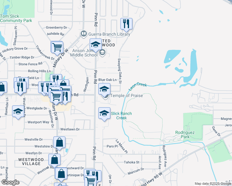 map of restaurants, bars, coffee shops, grocery stores, and more near 6714 Pleasant Oak Drive in San Antonio