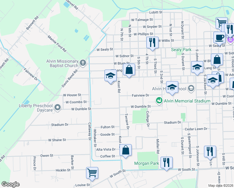 map of restaurants, bars, coffee shops, grocery stores, and more near 700 Kost Road in Alvin