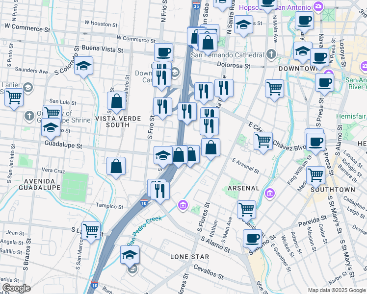 map of restaurants, bars, coffee shops, grocery stores, and more near 206 El Paso Street in San Antonio