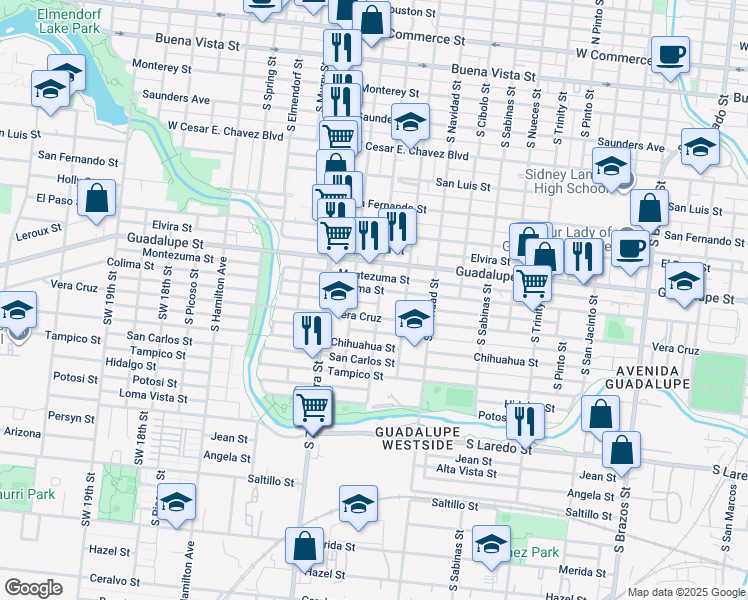 map of restaurants, bars, coffee shops, grocery stores, and more near 1003 South Calaveras Street in San Antonio