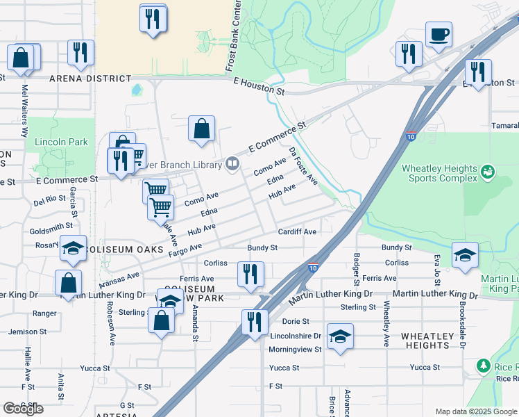 map of restaurants, bars, coffee shops, grocery stores, and more near 406 Honey Boulevard in San Antonio