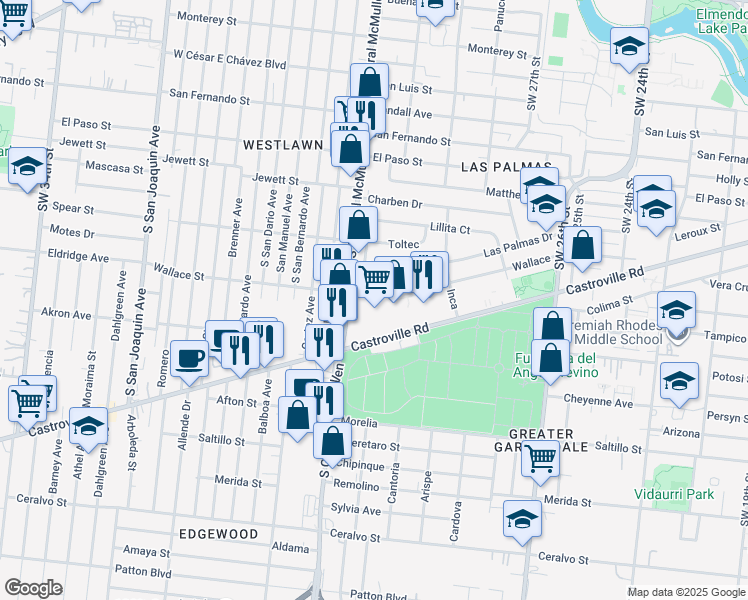 map of restaurants, bars, coffee shops, grocery stores, and more near 721 Castroville Road in San Antonio