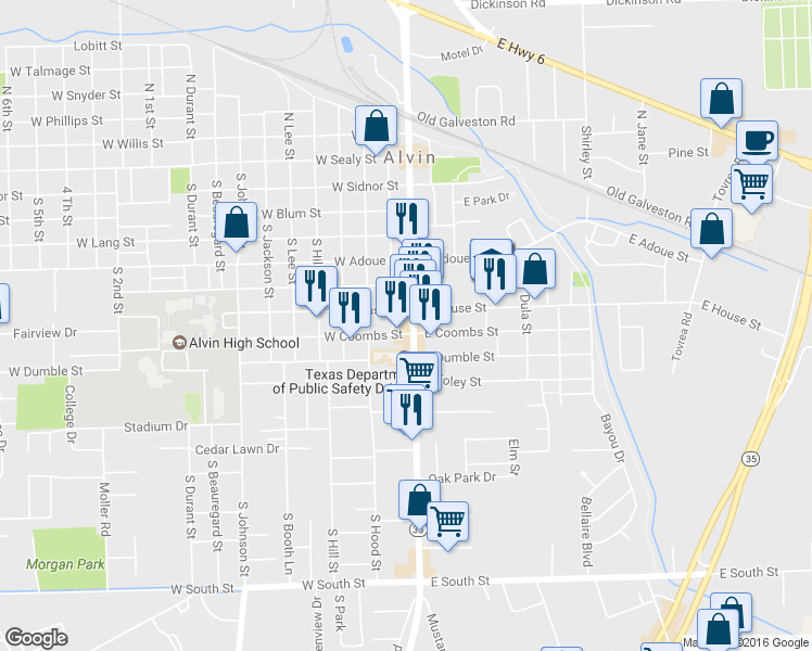 map of restaurants, bars, coffee shops, grocery stores, and more near 714 South Gordon Street in Alvin