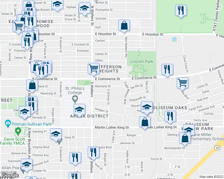 map of restaurants, bars, coffee shops, grocery stores, and more near 210 South Grimes Street in San Antonio