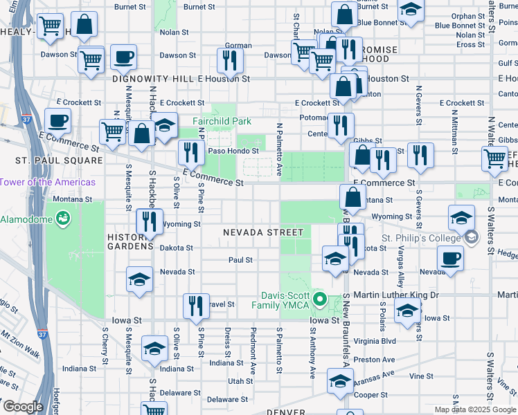 map of restaurants, bars, coffee shops, grocery stores, and more near 211 Toledo Street in San Antonio