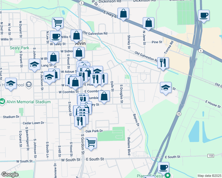 map of restaurants, bars, coffee shops, grocery stores, and more near 417 East Coombs Street in Alvin