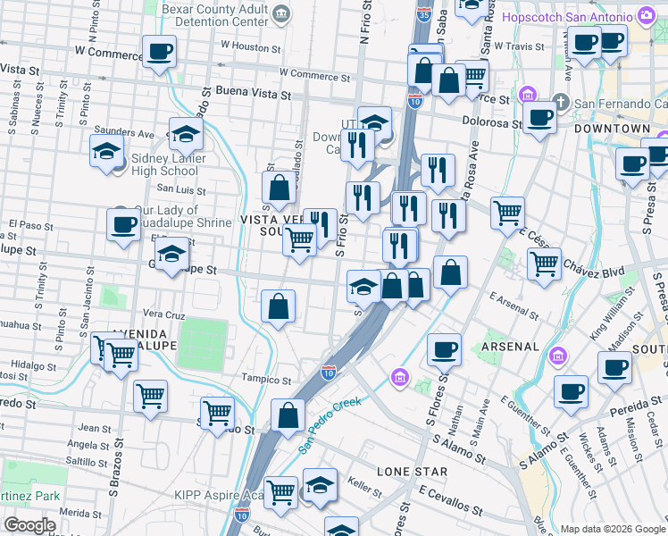 map of restaurants, bars, coffee shops, grocery stores, and more near 793 South Frio Street in San Antonio