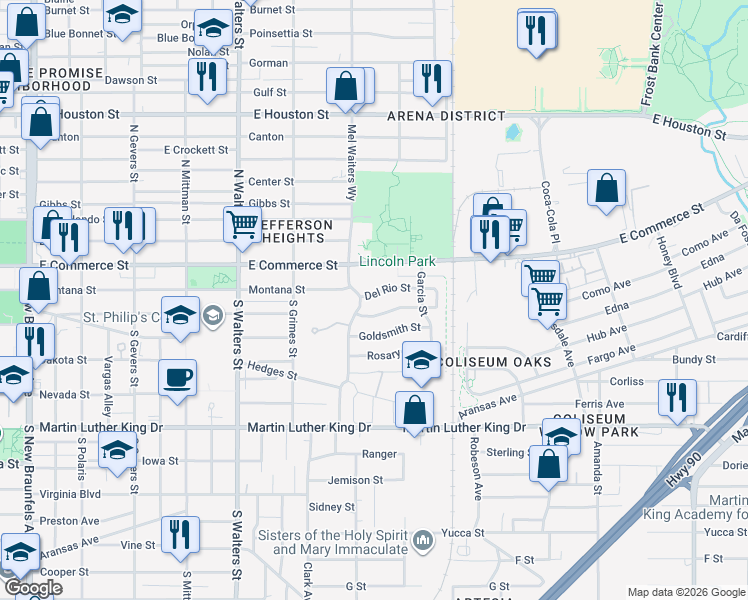map of restaurants, bars, coffee shops, grocery stores, and more near 2810 Del Rio Street in San Antonio