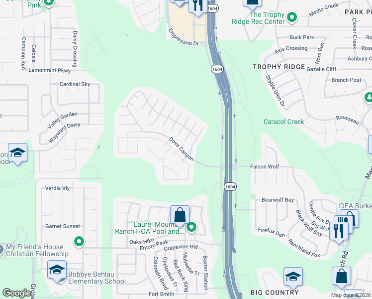 map of restaurants, bars, coffee shops, grocery stores, and more near 1439 Mourning Dove in San Antonio
