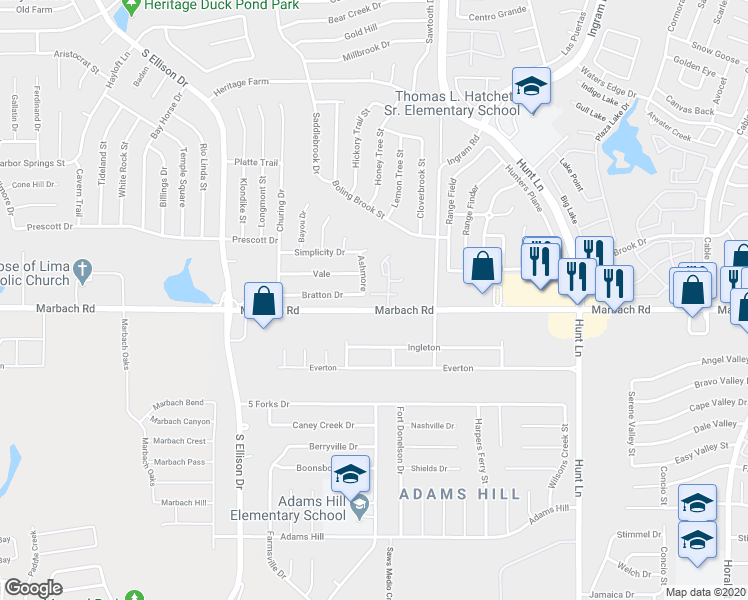 map of restaurants, bars, coffee shops, grocery stores, and more near 10 Bratton Drive in San Antonio