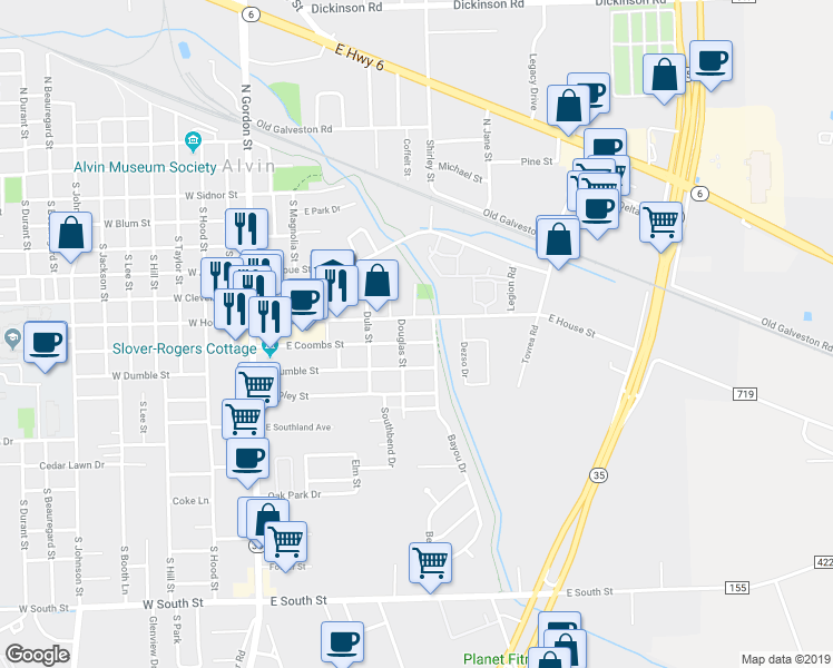 map of restaurants, bars, coffee shops, grocery stores, and more near 601 East Coombs Street in Alvin