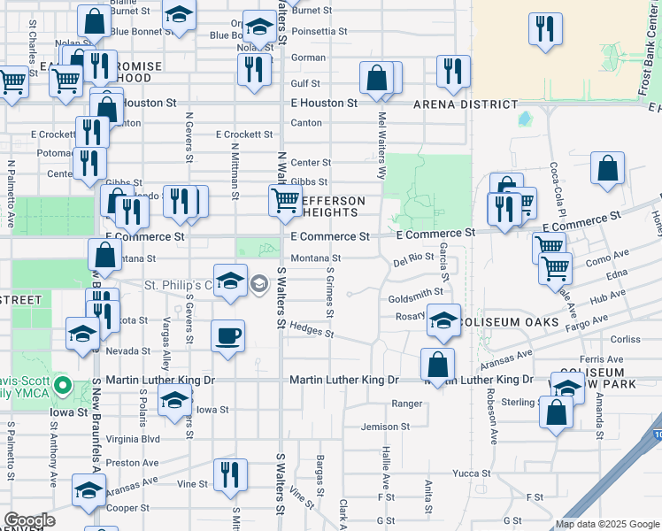 map of restaurants, bars, coffee shops, grocery stores, and more near 210 South Grimes Street in San Antonio