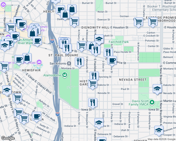 map of restaurants, bars, coffee shops, grocery stores, and more near 315 South Mesquite in San Antonio