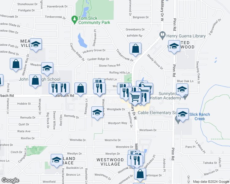 map of restaurants, bars, coffee shops, grocery stores, and more near 7203 Marbach Road in San Antonio