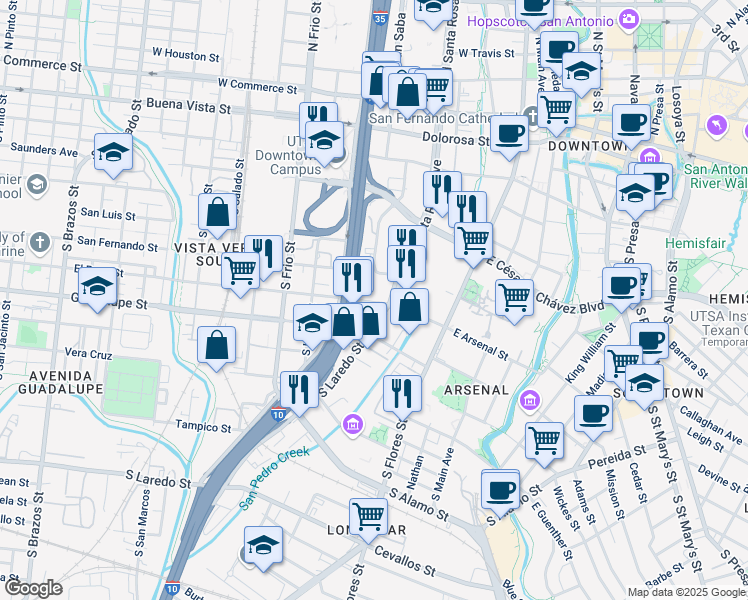 map of restaurants, bars, coffee shops, grocery stores, and more near 815 South Santa Rosa Avenue in San Antonio