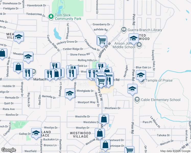 map of restaurants, bars, coffee shops, grocery stores, and more near 7103 Marbach Road in San Antonio