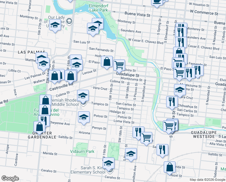 map of restaurants, bars, coffee shops, grocery stores, and more near 2201 Santiago Street in San Antonio